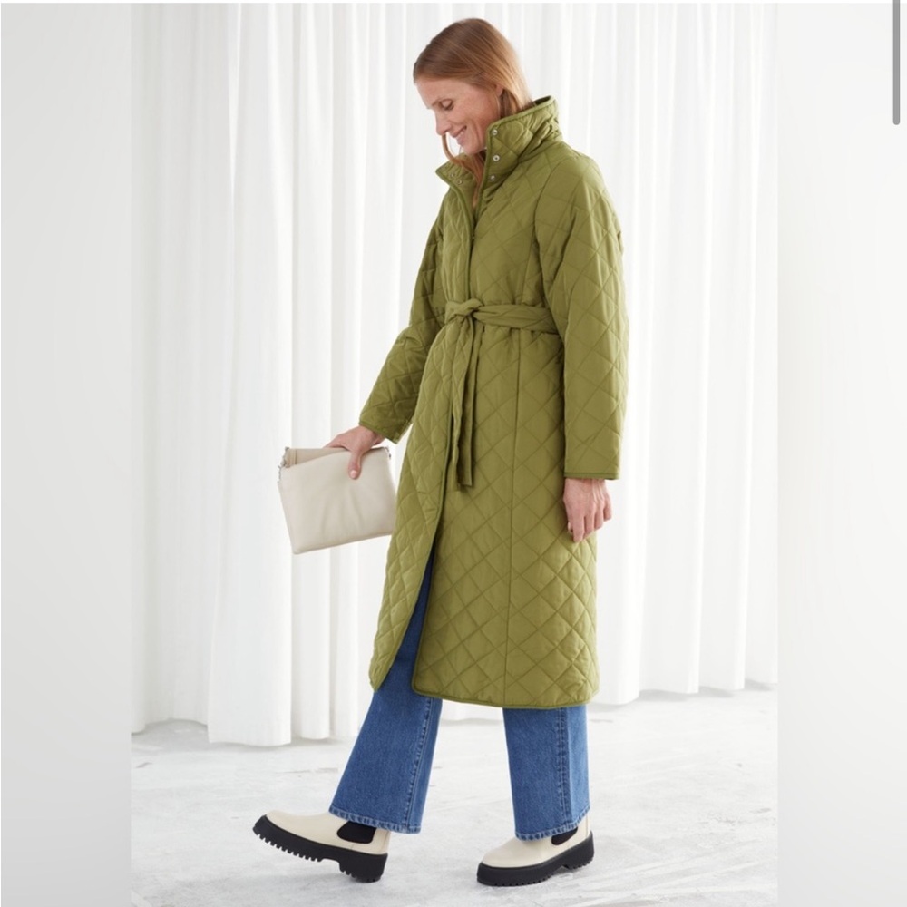 & Other Stories Long Green Quilted Coat - Picture 2 of 7